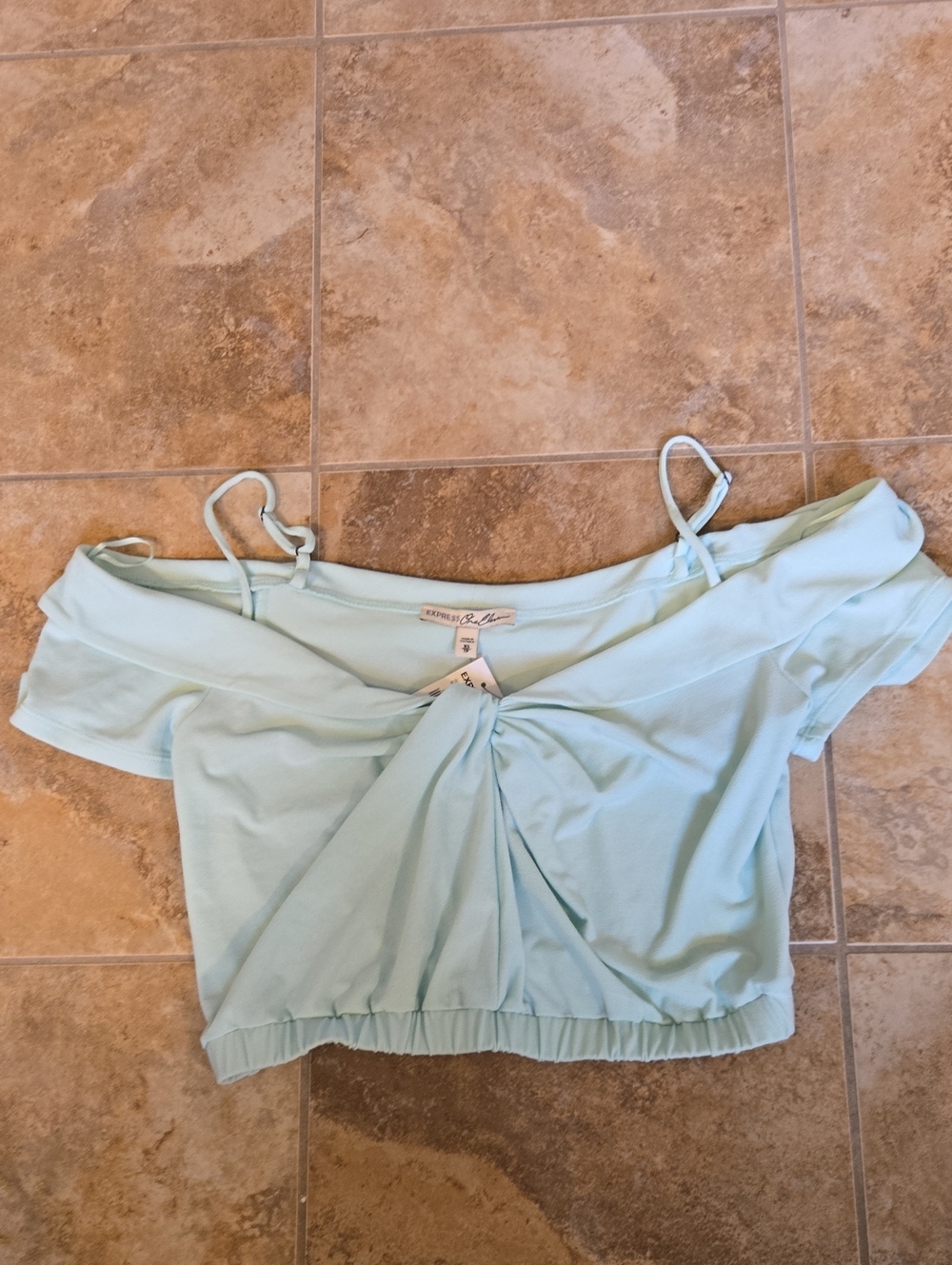 Express Light Blue Off-Shoulder Twist Crop Top